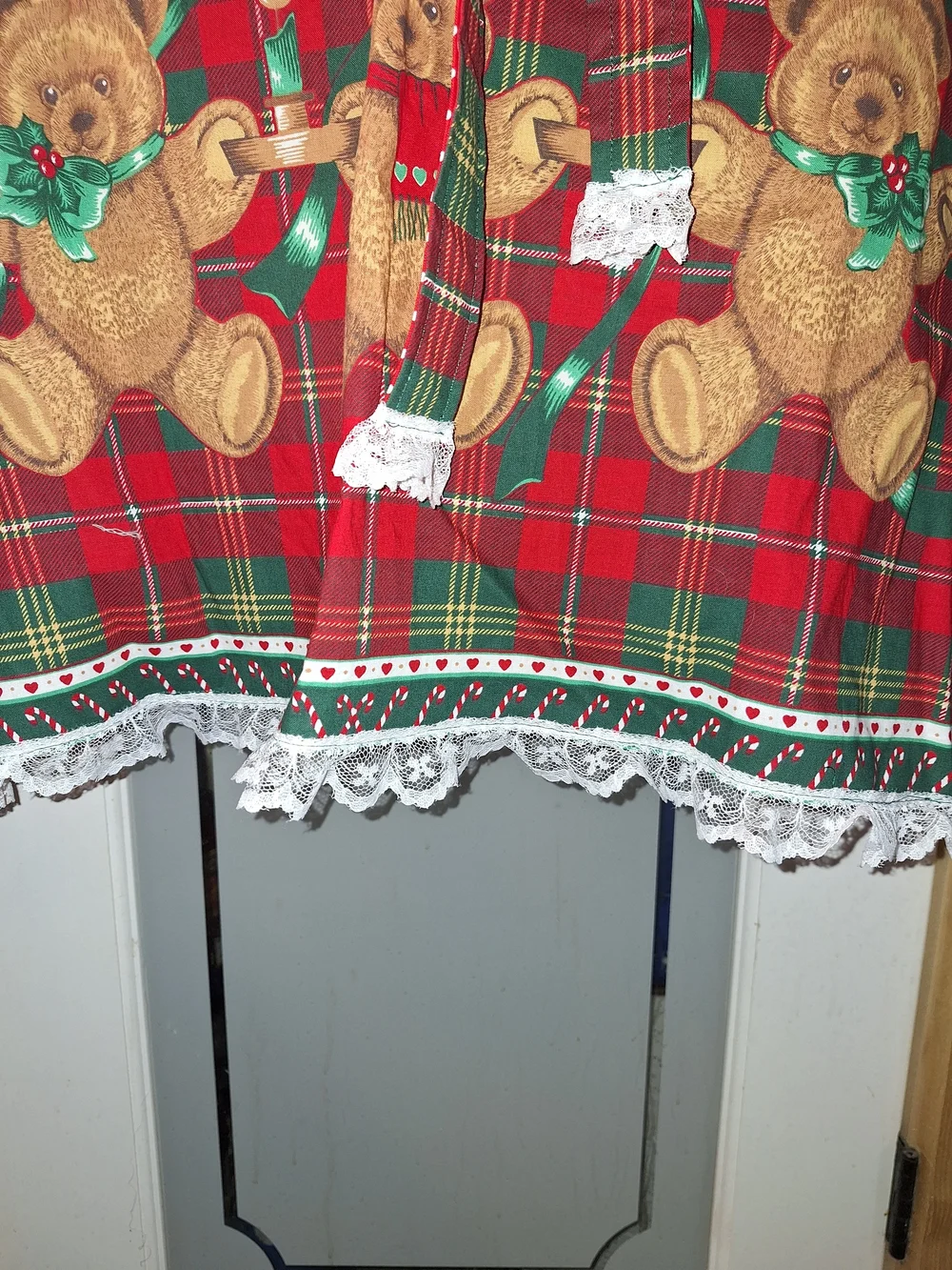 Vintage Red Plaid Teddy Bear Holiday Apron with Green Accents